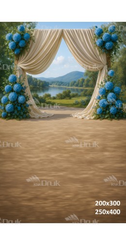 Tło fotograficzne z kremową altaną i niebieskimi hortensjami nad jeziorem | E560